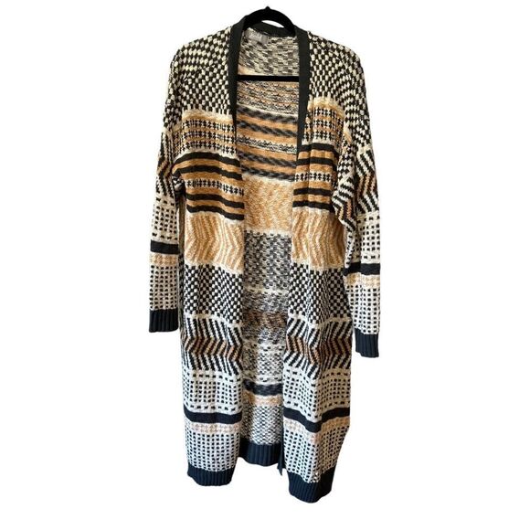 MARLED by REUNITED Color Blocked Striped Print Tan, Gray Boho Aztec Cardigan - Picture 2 of 10